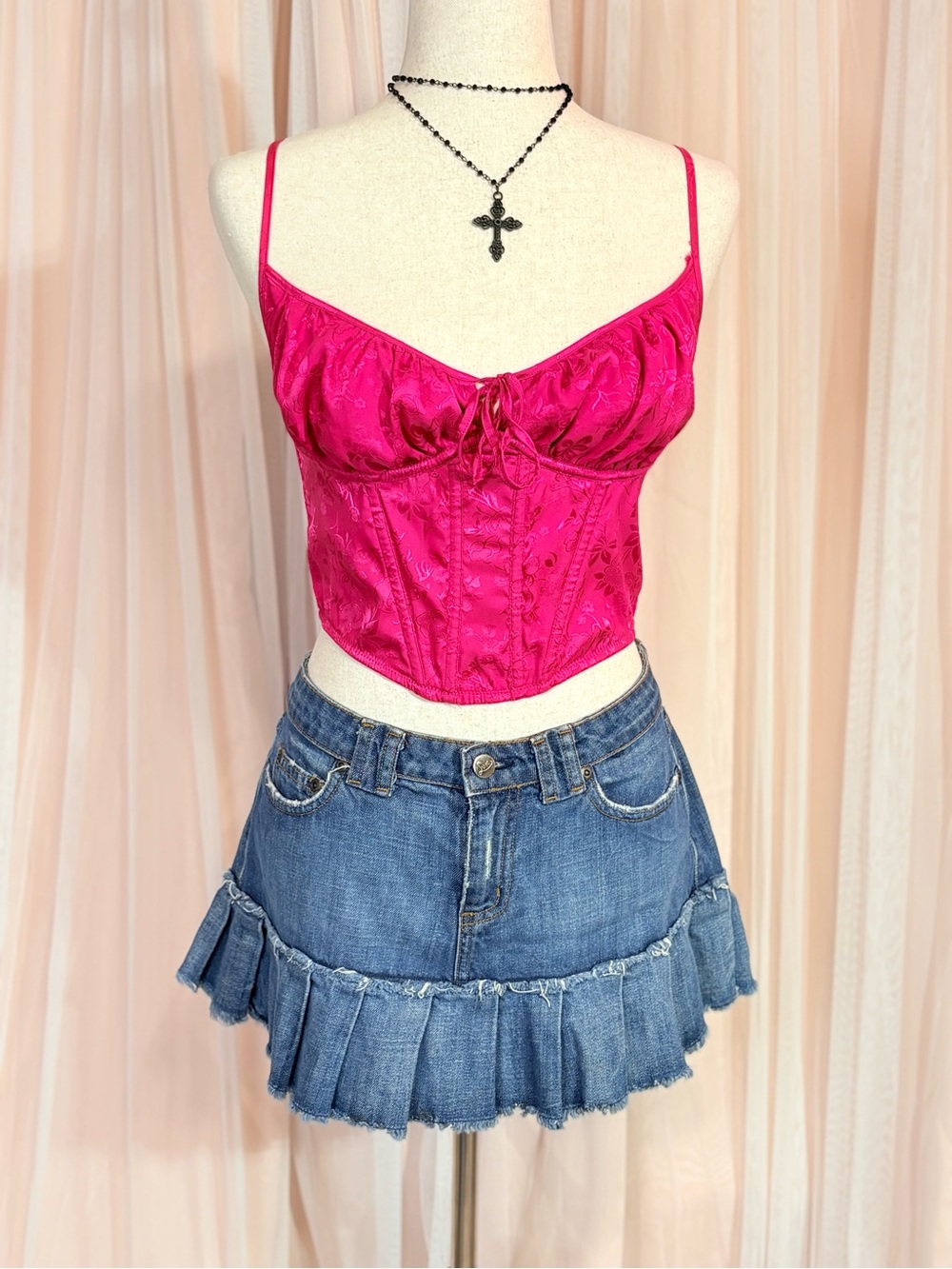 Out From Under Fuchsia Satin Bustier Crop Top Corset Floral Jacquard Large